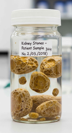 A medical laboratory jar containing kidney stones in a clear liquid for analysis and study.の写真素材