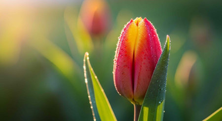A vibrant pink tulip stands tall in a lush green garden with dew drops glistening on its petals