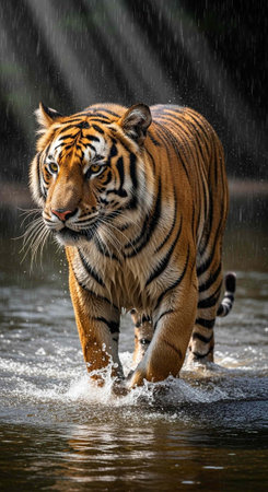 A majestic tiger walking through a river in the rain with a powerful and serene expression on its...