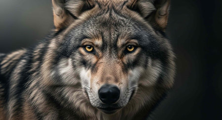 A close-up portrait of a wolf with piercing yellow eyes and a dark background
