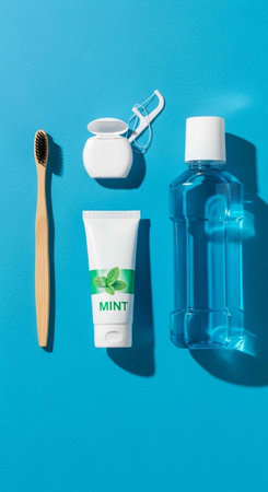 A collection of eco-friendly bathroom essentials on a blue background