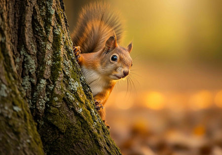 A curious squirrel peeking from behind a tree trunk in a natural outdoor setting with warm lighting