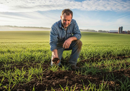 A man in a blue shirt crouches in a green field holding soil with young plants growing around him.