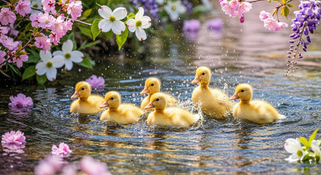 A group of adorable ducklings swimming playfully in a pond surrounded by vibrant flowers on a sunny dayの写真素材
