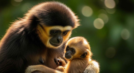 A mother monkey tenderly holds her two adorable baby monkeys in a lush green forest environment.