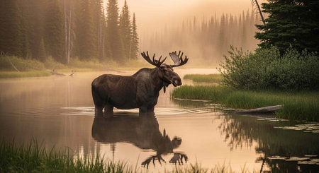 A majestic moose stands calmly in a serene forest lake during a peaceful morning sunrise