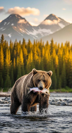 A brown bear catching a fish in a serene mountain river with a stunning landscape backgroundの写真素材