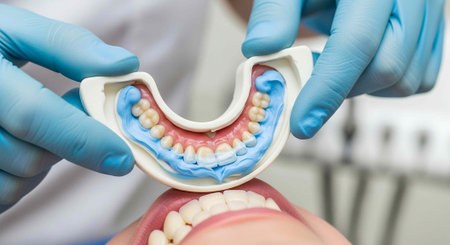 A dentist examines a patient's teeth with a dental mold in a clinical setting.
