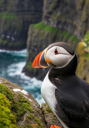 A puffin perched on a mossy cliff overlooking the ocean with a stunning rocky landscape in the...