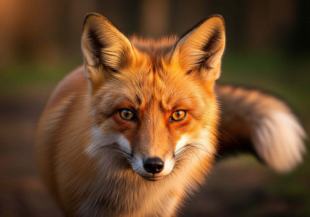 A curious red fox with vibrant orange fur and piercing yellow eyes looks directly at the camera in a...