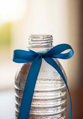 A clear plastic water bottle with a blue ribbon tied around its neck on a blurred background