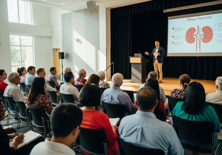 A medical professional giving a presentation about kidney function to a large audience in a...