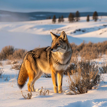 A coyote stands in a snowy field with bushes and trees in the background, looking alert and aware.