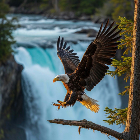 A majestic bald eagle perched on a tree branch overlooking a breathtaking waterfall in a serene...