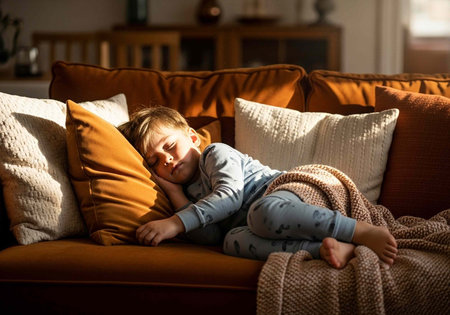 A young boy peacefully sleeping on a comfortable couch in a cozy living room with pillows and...