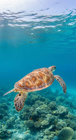 A sea turtle swims over a coral reef in clear blue ocean water with sunlight shining through the...