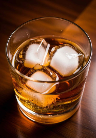 A glass of whiskey with ice cubes on a wooden table in a dimly lit room for relaxation