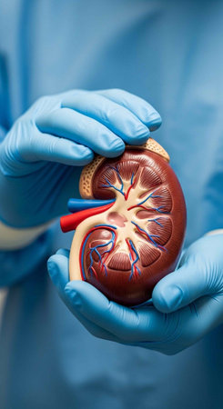 A medical professional holding a detailed kidney model for educational or demonstration purposes in...