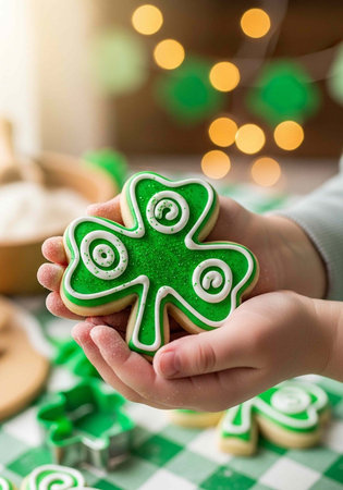 A person holding a green shamrock shaped cookie with white icing on a festive table with blurred...