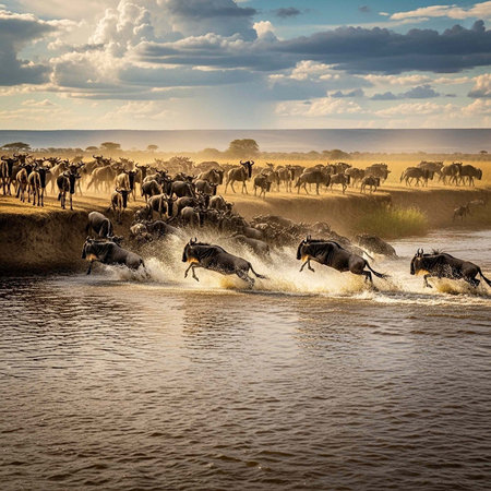 A herd of wildebeest crossing a river in a natural landscape with a cloudy skyの写真素材