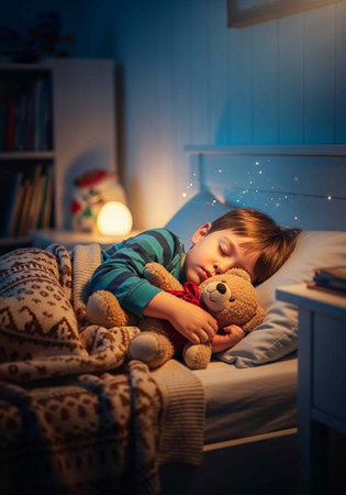 A young boy peacefully sleeping in bed with his teddy bear at night in a cozy bedroom