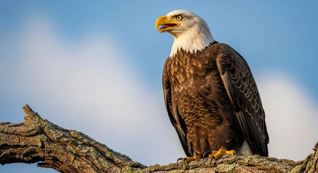 A majestic bald eagle perched on a tree branch against a serene blue sky with white clouds