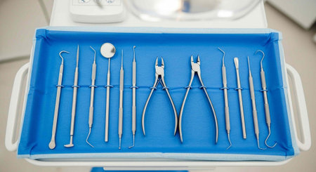 A set of dental instruments arranged neatly in a blue tray for medical use in a clinic