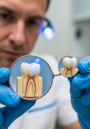 A dentist examines a detailed tooth model with a dental mirror in a clinical setting.