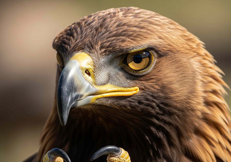 A close-up portrait of a majestic eagle with piercing yellow eyes and sharp talons in a natural...
