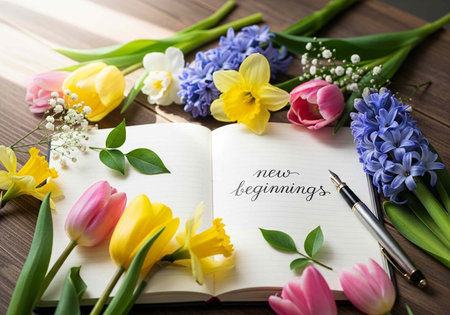 A colorful arrangement of flowers and an open book with the words 'new beginnings' on a wooden table