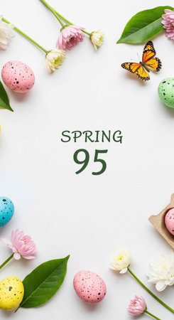 A colorful Easter-themed flat lay with flowers, eggs, and a butterfly on a white background.