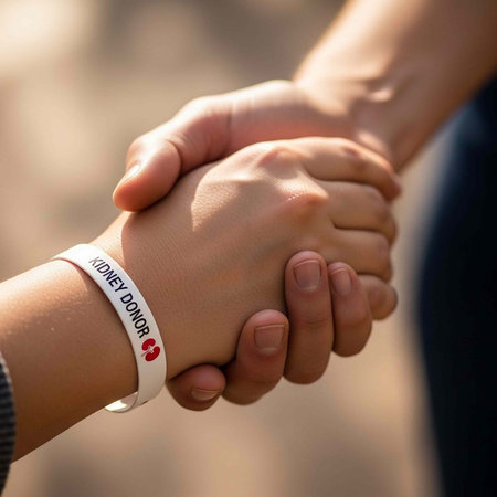 A person wearing a kidney donor bracelet shakes hands with another person in a gesture of gratitude...