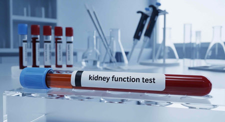 A medical laboratory setting with a blood sample for a kidney function test on a clear stand