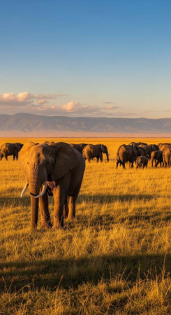 A herd of elephants roams freely in a vast savannah landscape at sunset