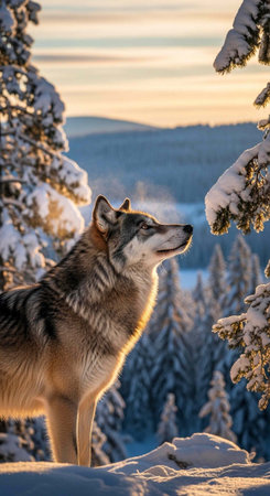 A wolf stands in a snowy forest, looking up at a tree during a serene winter sunset