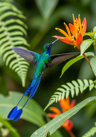 A vibrant hummingbird hovers near a bright orange flower in a lush tropical garden with green leavesの写真素材
