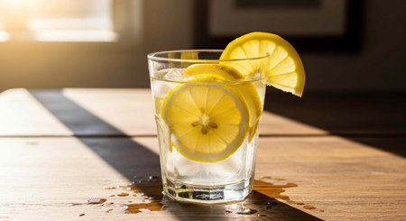 A refreshing glass of lemon water with ice cubes on a wooden table in a bright roomの写真素材