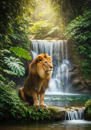 A majestic lion sitting on a rock in front of a serene waterfall in a lush green forest