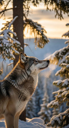 A wolf stands in a snowy forest, looking up at the sky during a serene winter sunset.