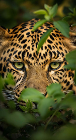 A close-up portrait of a leopard peeking through lush green foliage in a natural setting.