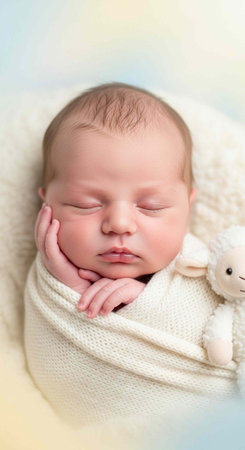 A serene newborn baby sleeps peacefully with a soft toy in a cozy setting.