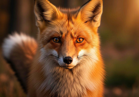A close-up portrait of a red fox with a blurred forest background and warm sunlight