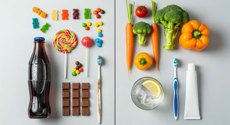 A split screen comparison of unhealthy sugary foods and drinks versus healthy vegetables and wellness habitsの写真素材
