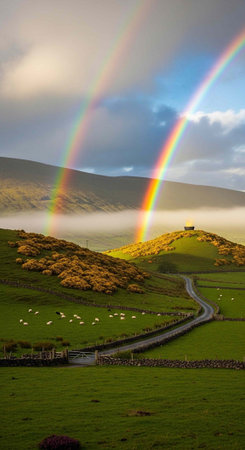 A serene landscape of green hills with a double rainbow in the cloudy sky and a winding road