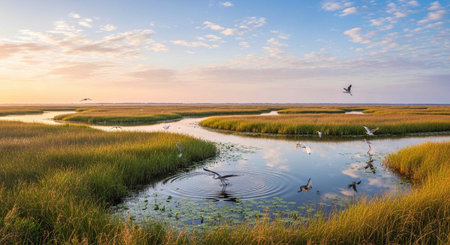 A serene landscape of winding waterways through tall grasses at sunset with birds flying overhead...