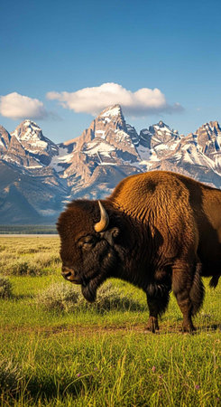 A majestic bison stands in a lush green meadow with a stunning mountain range in the background...
