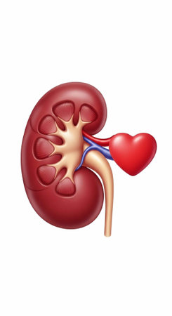 A medical illustration of a human kidney connected to a heart