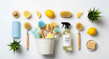 A collection of cleaning supplies and fresh lemons arranged on a white surface for household chores