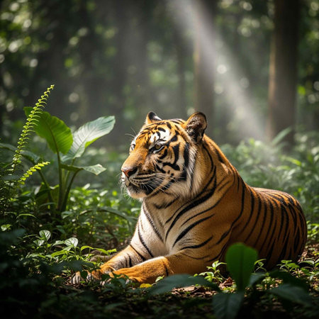 A majestic tiger lies in a lush forest surrounded by vibrant greenery and sunbeams.