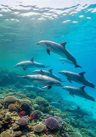 A pod of dolphins swimming together in the ocean near a coral reef